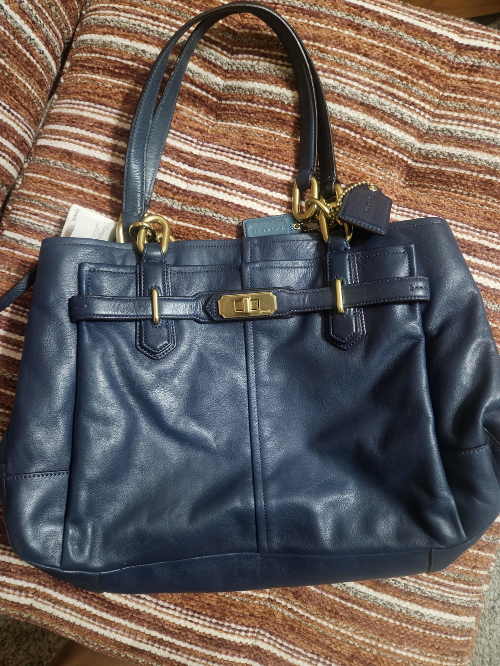 Coach "Midnight" Navy Leather Shoulder Tote with Gold Hardware